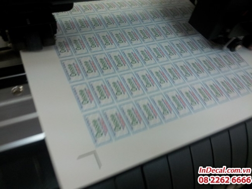 Cận cảnh bế tem decal trên máy Mimaki Nhật, bế tem kích thước nhỏ, đường kính 2cm
